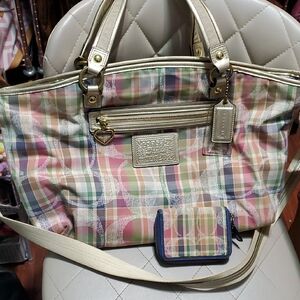 COACH DAISY MADRAS SIGNATURE MULTICOLOR LARGE TOTE FREE MATCHING WALLET!